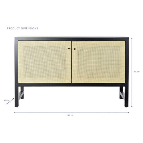 Aparador com 2 Portas em Madeira de Bétula cor Preto e Rattan MB-193518