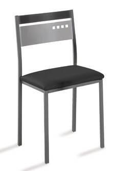 Cadeira de cozinha com estrutura metálica com detalhe de cor de vidro no encosto e assento em courinho.