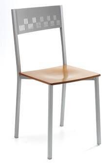 Cadeira de cozinha com estrutura metálica com detalhe no encosto e assento em madeira.