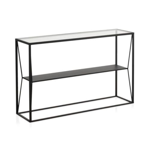 Móvel de entrada de metal preto de 120 cm com tampo de vidro retangular GABAR 10940
