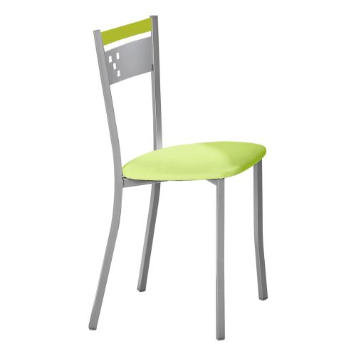 Cadeira de cozinha com estrutura metálica com detalhe no encosto e assento estofado em couro.